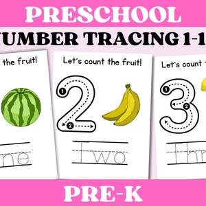 Preschool and Pre-K Number Tracing, 1-10, Count the Fruits, Instant Download Worksheet, Number Tracing Poster, Counting, Writing