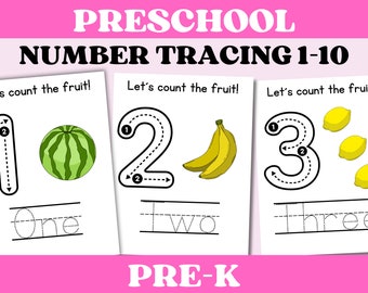 Preschool and Pre-K Number Tracing, 1-10, Count the Fruits, Instant Download Worksheet, Number Tracing Poster, Counting, Writing