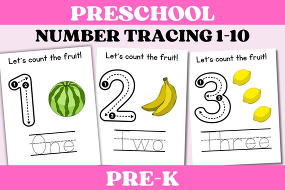 Preschool and Pre-K Number Tracing, 1-10, Count the Fruits, Instant Download Worksheet, Number Tracing Poster, Counting, Writing