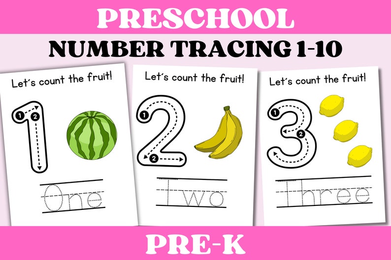 May include: A printable preschool worksheet with number tracing activities for numbers 1 through 3. The worksheet includes a watermelon, bananas, and lemons to help children learn to count.