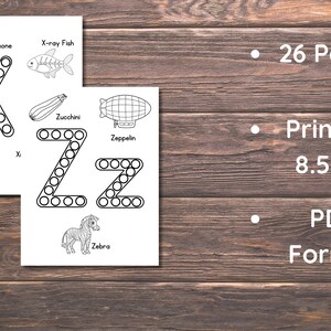 May include: Two black and white printable worksheets for children to practise tracing the letters X and Z. Each worksheet features a dotted outline of the letter and a picture of an object that starts with that letter. The objects pictured are a xylophone, x-ray fish, x-ray, zucchini, zeppelin, and zebra. The text "26 Pages", "Print on 8.5x11"
