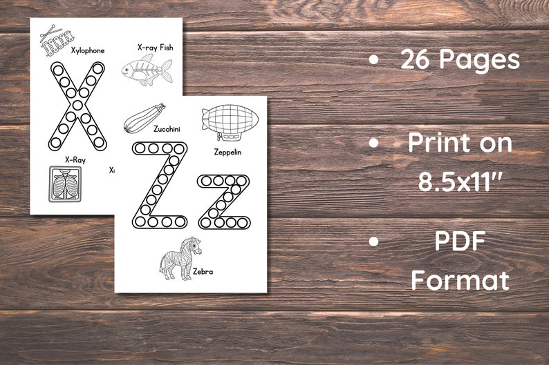May include: Two black and white printable worksheets for children to practise tracing the letters X and Z. Each worksheet features a dotted outline of the letter and a picture of an object that starts with that letter. The objects pictured are a xylophone, x-ray fish, x-ray, zucchini, zeppelin, and zebra. The text "26 Pages", "Print on 8.5x11"