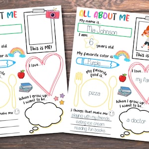 May include: Two colorful "All About Me" printable worksheets. One is filled out with the name Mia Johnson, age 6, favorite color purple, favorite food pizza, and the desire to be a doctor. The other is blank.