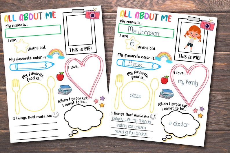 May include: Two colorful "All About Me" printable worksheets. One is filled out with the name Mia Johnson, age 6, favorite color purple, favorite food pizza, and the desire to be a doctor. The other is blank.