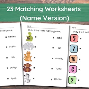 May include: Three black and white worksheets with colorful illustrations. Each worksheet has the text "Draw a line to the matching name." and a set of images and words to match. The first worksheet has images of fruit, the second worksheet has images of animals, and the third worksheet has images of numbers.
