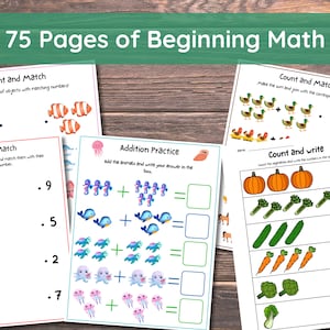 Preschool Math, Beginning Math, Counting, Learning to Add, Preschool, Kindergarten Worksheet, Addition, Preschool Worksheets, 75 Pages