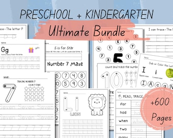 Preschool Pre-K + Kindergarten Learning Bundle | +600 Pages | Printable Activity Worksheets | Coloring | Dot To Dot | Tracing | Alphabet