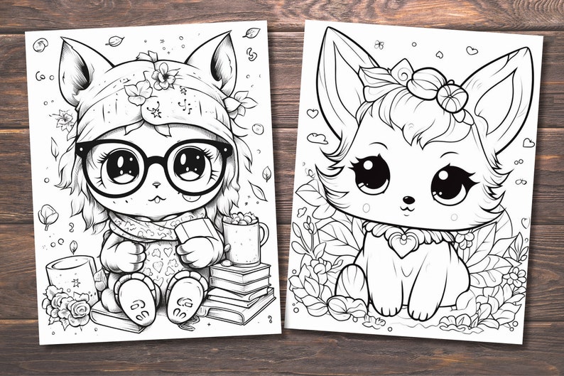 May include: Two black and white coloring pages featuring cute cartoon animals. The first page shows a cat wearing glasses and a scarf, holding a mug and sitting next to a stack of books. The second page shows a fox wearing a bow, sitting in a field of flowers.