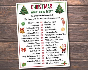 Jogo de perguntas e respostas sobre o Natal: qual veio primeiro? Ideal para adolescentes e adultos, perfeito para festas de fim de ano e eventos natalinos.