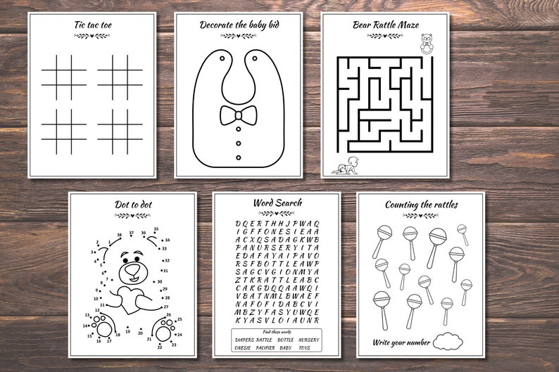 May include: A set of printable baby shower activity sheets. The sheets include a noughts and crosses game, a dot-to-dot puzzle, a word search, a maze, and a counting activity. The activities are all baby-themed and feature images of a baby bib, a rattle, and a teddy bear.