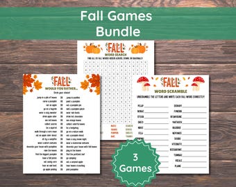 Fall Games Bundle for Kids & Adults, Fall Word Search, Word Scramble, Would You Rather, Printable Autumn Games and Activities