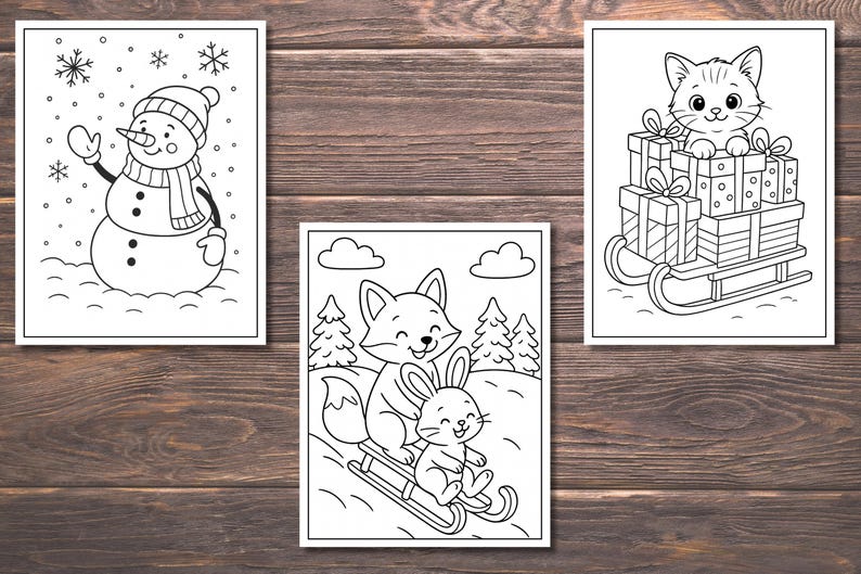 May include: Three black and white coloring pages featuring winter scenes. One shows a snowman with a hat and scarf, another a fox and rabbit sledding, and the last a cat on a sled filled with gifts. All are on a wood grain background.