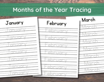 Months of the Year Tracing Worksheet Printable Handwriting Practice Kids Trace Page Book for Preschool Simple Template Print Kindergarten