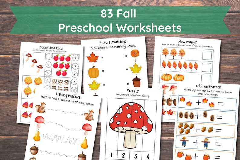 May include: A collection of 83 fall preschool worksheets featuring educational activities like counting, picture matching, tracing, and addition practice with autumn-themed illustrations of mushrooms, leaves, pumpkins, acorns, and squirrels.