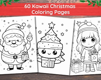 Kawaii Christmas Coloring Pages, 60 Pages, Cute Coloring, Kawaii Gifts, Cute Kawaii, Kawaii Anime, Kawaii Coloring, Santa, Digital Download