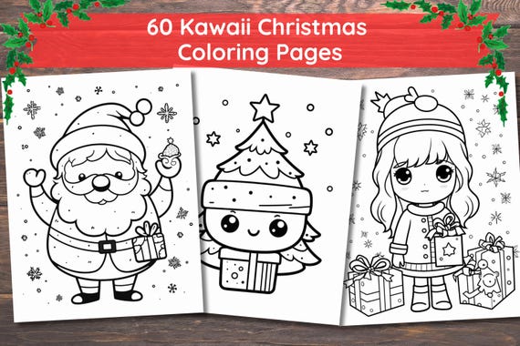 Kawaii Christmas Coloring Pages, 60 Pages, Cute Coloring, Kawaii Gifts, Cute Kawaii, Kawaii Anime, Kawaii Coloring, Santa, Digital Download