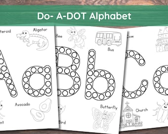 Hojas de trabajo imprimibles del alfabeto Do-A-DOT, actividad para niños, bebés y niños en edad preescolar. Alfabeto en mayúsculas y minúsculas, 8,5 x 11 pulgadas, formato PDF