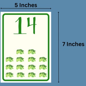 May include: A 5 by 7 inch printable flashcard with a green border and a white background. The number 14 is written in green cursive font. There are 14 green turtle illustrations on the card.