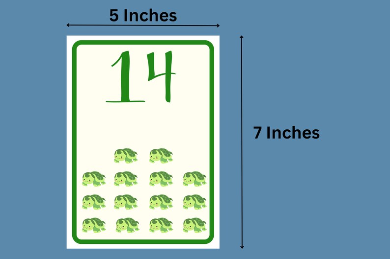 May include: A 5 by 7 inch printable flashcard with a green border and a white background. The number 14 is written in green cursive font. There are 14 green turtle illustrations on the card.