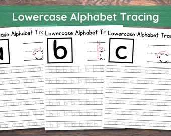26 hojas de trabajo imprimibles para rastrear el alfabeto en minúsculas. Escritura a mano para preescolar y jardín de infantes. Hojas de trabajo de rastreo de letras. 8,5x11"