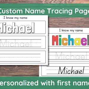 Puede incluir: Una hoja de trabajo imprimible para rastrear nombres para niños. La hoja de trabajo presenta el nombre "Michael" en letras de colores en la parte superior, seguido de tres líneas para rastrear el nombre en cursiva. Las palabras "Colorear", "Trazar" y "Escribir" están impresas en el lado izquierdo de la hoja de trabajo.