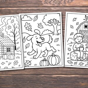 May include: Three black and white coloring pages featuring autumn scenes. One shows a cabin with pumpkins, another a dog in a field, and the last depicts children with mugs near a barn. Leaves and trees are also present.
