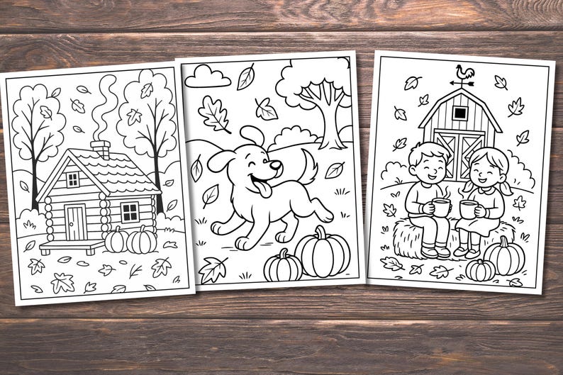 May include: Three black and white coloring pages featuring autumn scenes. One shows a cabin with pumpkins, another a dog in a field, and the last depicts children with mugs near a barn. Leaves and trees are also present.