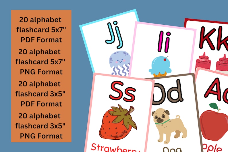 May include: A set of 20 alphabet flashcards in both PDF and PNG formats. The flashcards feature colourful illustrations and the letters J, I, K, S, D, and A. The text on the flashcards reads "Jj", "Ii", "Kk", "Ss", "Dd", and "Aa".