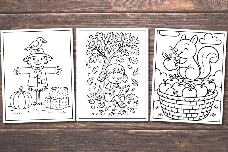 May include: Three black and white line art illustrations of autumn scenes. One shows a scarecrow with a bird, pumpkin, and hay bales. Another depicts a girl reading under a tree. The last shows a squirrel with apples.