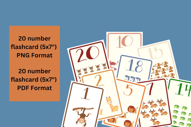 May include: A set of 20 colorful number flashcards featuring various animal illustrations. Each card has a number printed in a bold font and a corresponding number of animals. The cards are designed for children's learning and are available in both PNG and PDF formats.