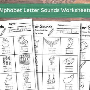 24 hojas de trabajo imprimibles con los sonidos de las letras del alfabeto / Fonética preescolar-KDG / Hojas de trabajo para trazar y colorear / Hojas de trazo de escritura a mano del abecedario