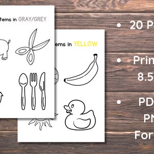 May include: Black and white coloring pages featuring a rhinoceros, scissors, anchor, cutlery, banana, duck, and sun. The text on the page says "Color the items in GRAY/GREY" and "ems in YELLOW".