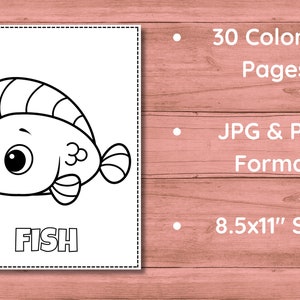 Puede incluir: Una p&aacute;gina para colorear en blanco y negro con un pez de dibujos animados y la palabra "FISH" escrita debajo. La p&aacute;gina es parte de un conjunto de 30 p&aacute;ginas para colorear, disponibles en formato JPG y PDF, y mide 8,5x11 pulgadas.