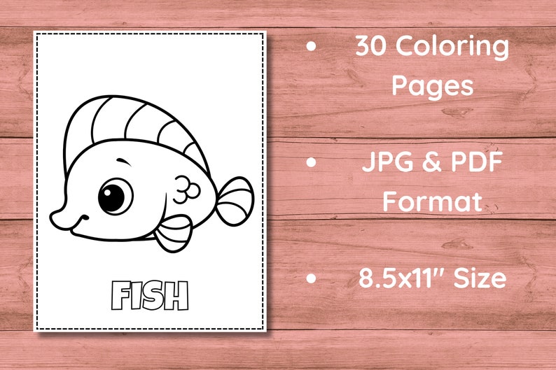 Puede incluir: Una p&aacute;gina para colorear en blanco y negro con un pez de dibujos animados y la palabra "FISH" escrita debajo. La p&aacute;gina es parte de un conjunto de 30 p&aacute;ginas para colorear, disponibles en formato JPG y PDF, y mide 8,5x11 pulgadas.