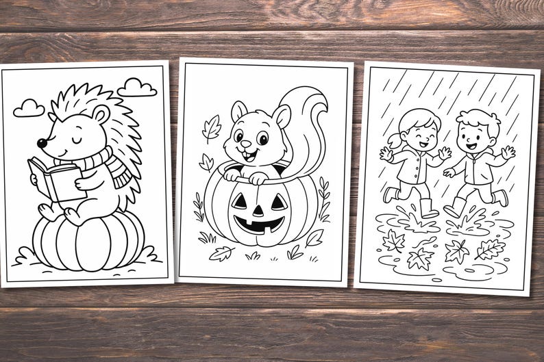 May include: Three black and white line art illustrations on white paper. The first shows a hedgehog reading a book on a pumpkin. The second shows a squirrel in a jack-o'-lantern. The third shows two children playing in the rain.