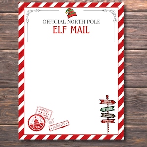 Peut inclure: Un papier &agrave; en-t&ecirc;te sur le th&egrave;me de No&euml;l avec une bordure &agrave; rayures rouges et blanches. Le texte "OFFICIAL NORTH POLE ELF MAIL" est affich&eacute; en rouge. Des timbres d&eacute;coratifs et un poteau indicateur directionnel compl&egrave;tent le design festif.