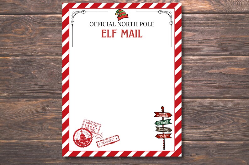 Peut inclure: Un papier &agrave; en-t&ecirc;te sur le th&egrave;me de No&euml;l avec une bordure &agrave; rayures rouges et blanches. Le texte "OFFICIAL NORTH POLE ELF MAIL" est affich&eacute; en rouge. Des timbres d&eacute;coratifs et un poteau indicateur directionnel compl&egrave;tent le design festif.