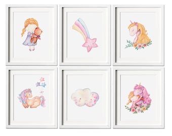 Set of 6 Unicorn Wall Art Set, Printable Unicorn Art, Girls Room Decor, Unicorn Prints, Print Girls Room, Girls Bedroom, Girl Nursery Print