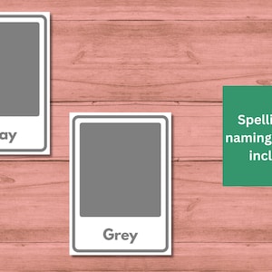 May include: Two flashcards showing the color gray. The first card says "Gray" and the second card says "Grey". The text "Spelling and naming versions included" is on a green background.