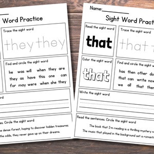 May include: Black and white printable worksheet for practising sight words. The worksheet features the words "they" and "that" with activities such as reading, tracing, colouring, and writing the words. The worksheet also includes sentences for reading and circling the sight words.