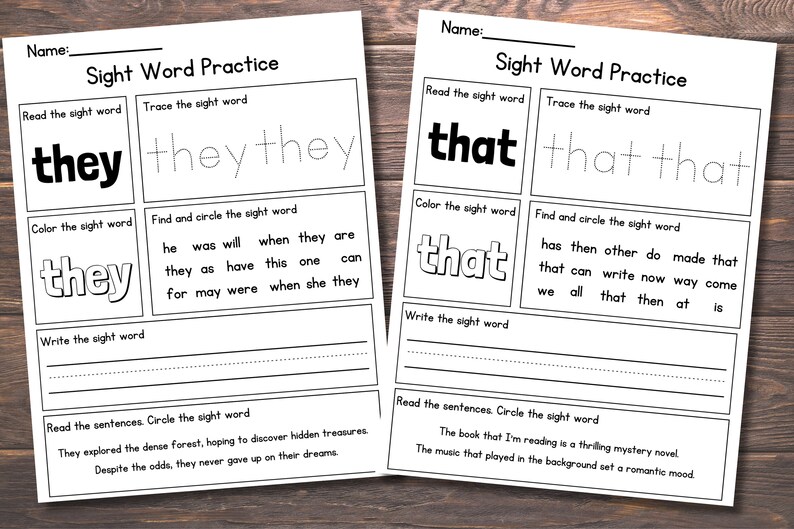May include: Black and white printable worksheet for practising sight words. The worksheet features the words "they" and "that" with activities such as reading, tracing, colouring, and writing the words. The worksheet also includes sentences for reading and circling the sight words.