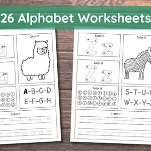 26 hojas de trabajo del alfabeto, mayúsculas y minúsculas, jardín de infantes, preescolar, práctica de actividades de aprendizaje, trazado de letras, color, escritura, educación en el hogar