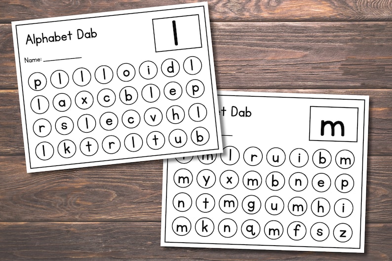 May include: Two black and white printable worksheets for kids to practice letter recognition. The first worksheet features the letter "l" and the second worksheet features the letter "m". Each worksheet has a grid of circles with letters inside. The letters are in a random order. The letter to be found is displayed at the top of each worksheet.
