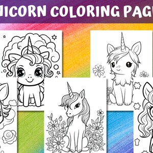 May include: Five black and white coloring pages featuring cute unicorns with different poses and expressions. The unicorns have horns, manes, and tails. Some of the unicorns are surrounded by flowers.