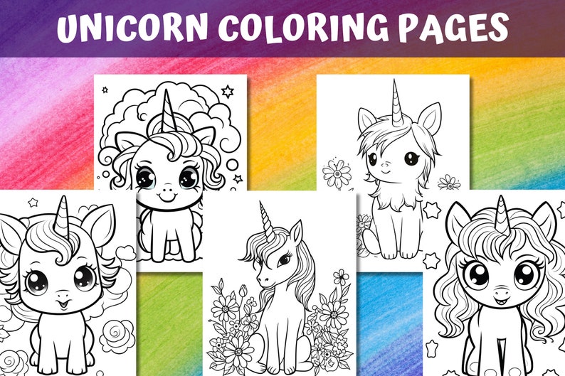 May include: Five black and white coloring pages featuring cute unicorns with different poses and expressions. The unicorns have horns, manes, and tails. Some of the unicorns are surrounded by flowers.
