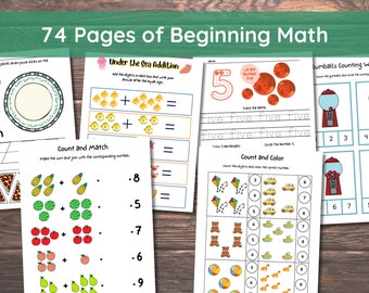 Preschool Math, Beginning Math, Counting, Learning to Add, Preschool, Kindergarten Worksheet, Addition, Preschool Worksheets, 74 Pages