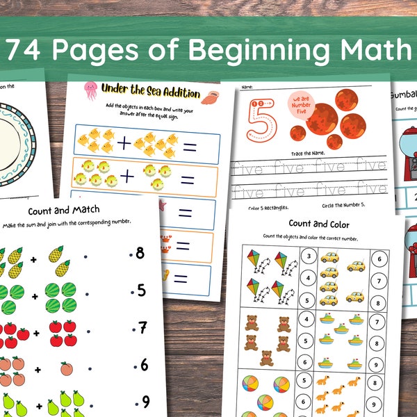 Preschool Math, Beginning Math, Counting, Learning to Add, Preschool, Kindergarten Worksheet, Addition, Preschool Worksheets, 74 Pages