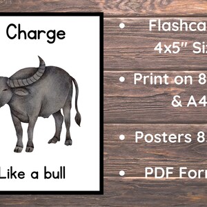 以下が含まれることがあります： 「Charge」と「Like a bull」のテキストが書かれた、グレーの水牛の水彩画が描かれた印刷可能なフラッシュカード。このカードは、8.5x11インチまたはA4の用紙に印刷するように設計されています。