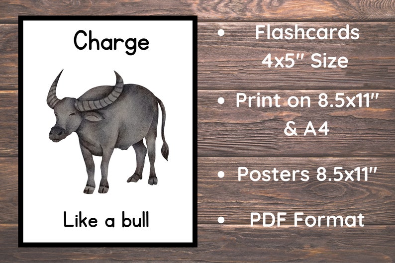 以下が含まれることがあります： 「Charge」と「Like a bull」のテキストが書かれた、グレーの水牛の水彩画が描かれた印刷可能なフラッシュカード。このカードは、8.5x11インチまたはA4の用紙に印刷するように設計されています。