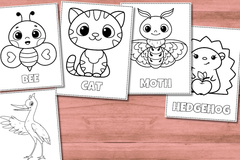 Puede incluir: P&aacute;ginas para colorear en blanco y negro con una abeja, un gato, una polilla y un erizo. Cada p&aacute;gina tiene el nombre del animal en la parte inferior.